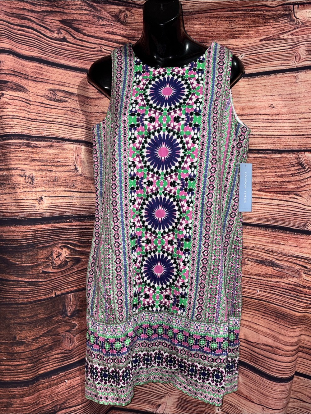 London Times Sleeveless Geo Floral Shift Dress in Navy, Green & Pink